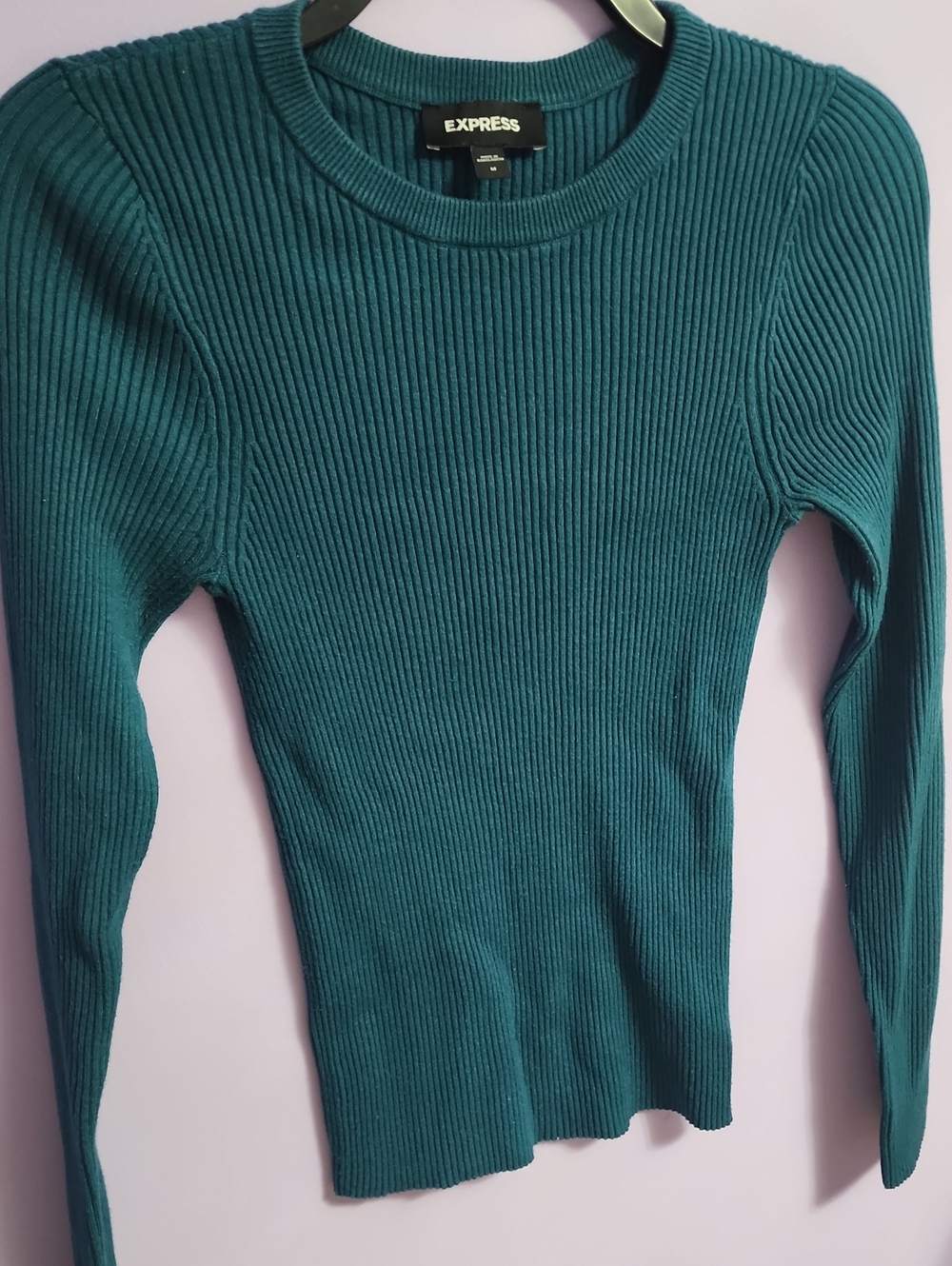 Express Women's Teal Ribbed Long Sleeve Crewneck Top